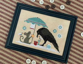 Whimsical beach-themed cross stitch design with a mouse under a teal umbrella, a crow by a red bucket, and seabirds perched nearby on sand with seashells and flowers.