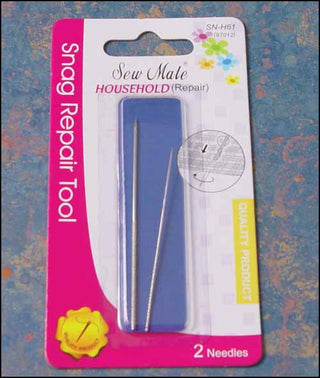Snag repair tool packaging with needles on a textured blue background