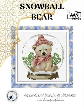 Cross-stitch pattern of a bear in a snowball with decorative border and branding.