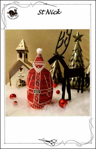 Decorative figure of St. Nick with a Christmas scene in the background