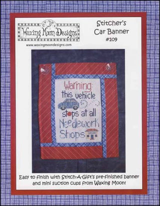 A cross stitch pattern for a car banner, featuring a red and blue fabric with text and a car illustration.