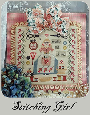 Stitching Girl cross stitch pattern featuring a sampler-style design with a girl stitching, scissors, hearts, and warm cozy colors
