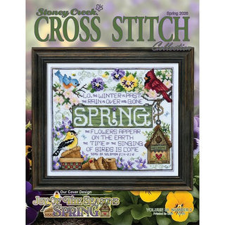 Cover of Stoney Creek Cross Stitch Collection Magazine Spring 2026 featuring the Joy of the Seasons Spring sampler with colorful songbirds, flowers, scripture, and seasonal cross stitch projects.