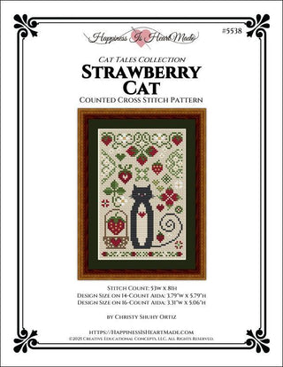 Cross stitch pattern for 'Strawberry Cat' from Happiness is a Heart Made, featuring a cat and strawberry design.