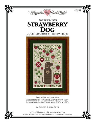 Cross stitch pattern for 'Strawberry Dog' with a dog and strawberry design on a white background.