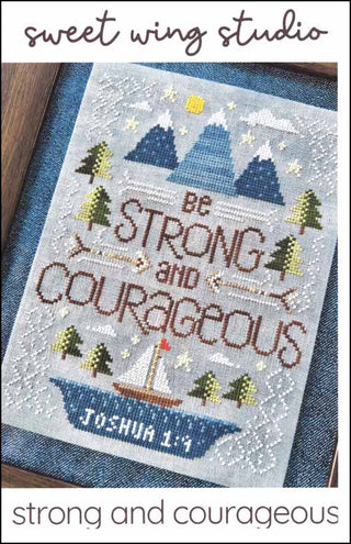Cross-stitched design with Joshua 1:9 verse “Be strong and courageous,” featuring snow-capped mountains, trees, a golden sun, and a sailboat on calm water.