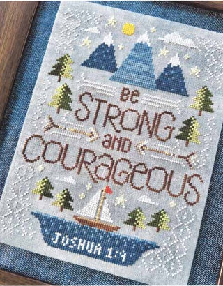 Cross-stitched design with Joshua 1:9 verse “Be strong and courageous,” featuring snow-capped mountains, trees, a golden sun, and a sailboat on calm water.