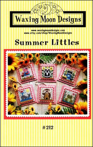 A booklet with the title 'Summer Littles' featuring various cross stitch patterns with floral, animal, and cartoonish designs on a background of yellow and sunflowers.