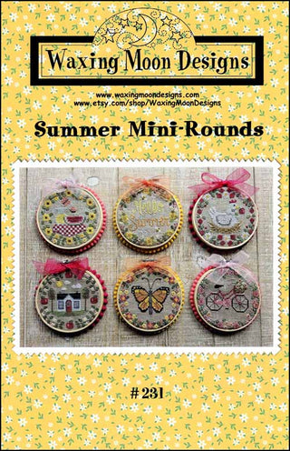 Cover of Waxing Moon Designs Summer Mini-Rounds pattern with embroidered round designs on a yellow floral background.