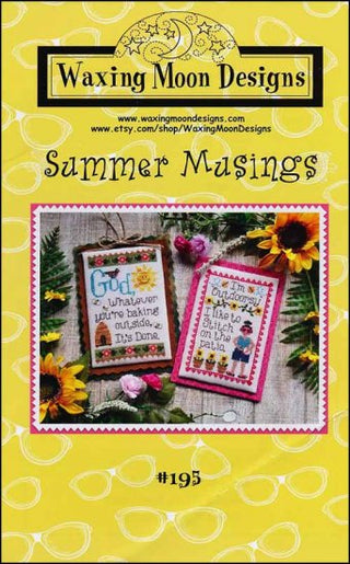 A booklet of 'Summer Musings' cross stitch patterns by Waxing Moon Designs, featuring colorful designs with a summer theme.