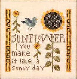 Cross-stitched design with sunflower, bird, and text 'Sunflower you make it like a sunny day'.