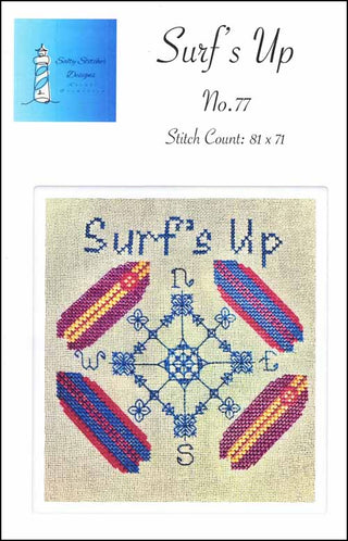 Cross-stitch pattern with 'Surf's Up' text and design on a white background