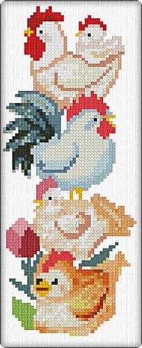 Cross-stitched design of chickens and a rooster on a white background