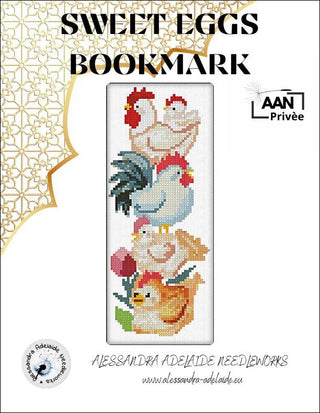 Cross-stitched design of chickens on a white background with decorative elements.