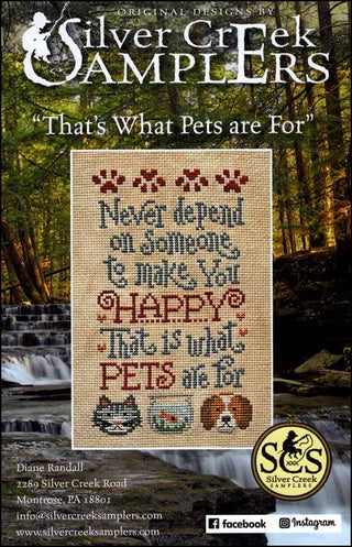 That’s What Pets Are For cross stitch pattern by Silver Creek Samplers featuring paw prints, cat and dog motifs, and a humorous pet lover quote in sampler style.