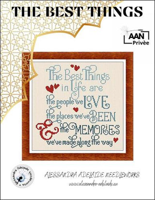 Cross-stitch design featuring an inspirational quote about love, people, places, and memories, stitched in soft blue and red tones with decorative hearts and elegant typography.