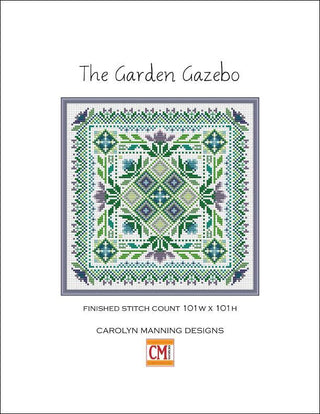 Cross-stitch pattern for 'The Garden Gazebo' by Carolyn Manning Designs on a white background.