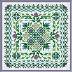 Cross-stitched pattern with green and purple geometric design on a white background