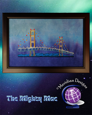 Cross stitch pattern of the Mackinac Bridge at dusk with soft watercolor-style fabric background in shades of blue and gray, designed by Meridian Designs.