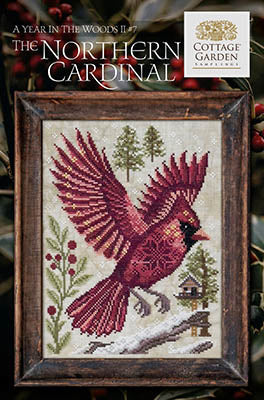 The Northern Cardinal cross stitch pattern by Cottage Garden Samplings featuring a red cardinal in flight among winter branches, from A Year In The Woods II series.