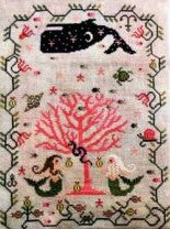 Cross-stitched design featuring a whale, coral, and mermaids with floral patterns.