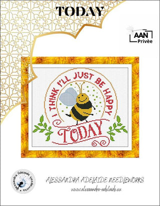 Cross-stitch pattern with a bee and text 'I think I'll just be happy today' on a decorative background.