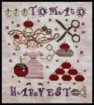 Cross-stitched sampler featuring a whimsical stitcher with looping tomato vines for hair, tomato pincushions, scissors, thread keys, and the words “Tomato Harvest,” designed by Lucy Beam.