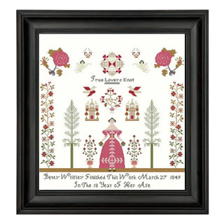 Framed cross-stitch artwork with decorative elements and text on a white background
