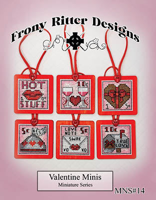 Valentine-themed cross-stitch miniatures on red cards with text, branded 'Frony Ritter Designs'.