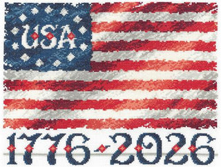 Cross-stitched American flag with 'USA' and years 1776-2026