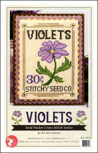 Cross stitch pattern for 'Violets' by Stitchy Seed Co with a purple flower design.