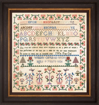 William Curtis 1826 antique sampler reproduction by Queenstown Sampler Designs featuring colorful alphabets, floral borders, birds, stylized flowers, geometric motifs, and decorative sampler bands stitched in coral red, blue, green, and brown tones.