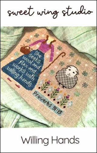Cross stitch pattern depicting a woman with a basket, a sheep, and a pineapple, with text and scripture verse.