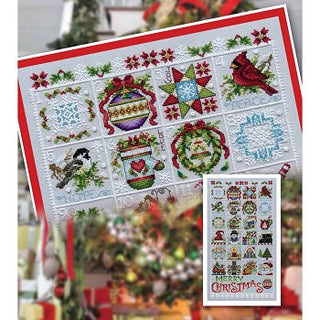 Christmas-themed cross-stitch pattern with various festive elements on a white background.
