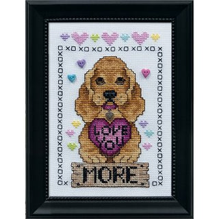 Cross-stitched design of a dog with a heart and 'love more' text on a white background.