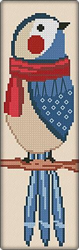Cross-stitched design of a bird wearing a red scarf and blue pants on a beige background