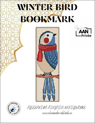 Bookmark with a bird design and 'Alessandra Adelaide Needleworks' branding on a white background.