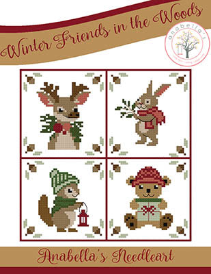 Cross-stitch pattern with four winter-themed animals on a red and white background, featuring the brand 'Anabella's Needleart'.