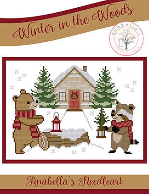 Winter in the Woods cross stitch pattern by Anabella’s featuring woodland animals gathered near a cabin in a snowy forest scene.