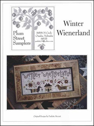Cross stitch pattern chart for a winter-themed design featuring a village scene and text, with the Plum Street Samplers logo at the top.
