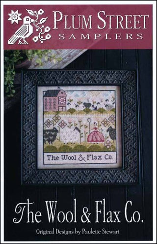 Cross stitch pattern chart for 'The Wool & Flax Co.' depicting a village scene with a shepherdess, sheep, and a cottage.