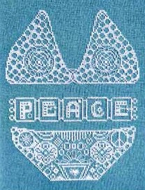 Blue bikini with white lace design and 'PEACE' text on a blue background
