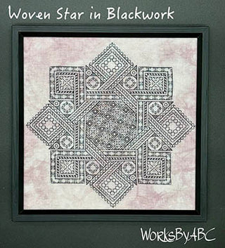 Blackwork geometric cross stitch design with concentric diamond and square motifs stitched in black on mottled pink fabric.