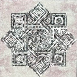 Blackwork geometric cross stitch design with concentric diamond and square motifs stitched in black on mottled pink fabric.