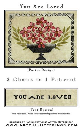 Design pattern with floral and text elements, featuring 'You Are Loved' and 'Posies Design'.