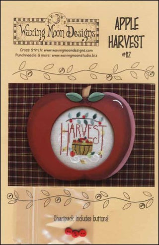 Cross stitch pattern chart for an apple and harvest design, with a red apple and green leaves on a brown background with a text label that reads 'Harvest'.