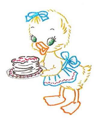 Stitch classic kitchen linens with Aunt Martha’s® Ducky Ducks #3740. Vintage days-of-the-week duck embroidery transfer on a giant 18x24 sheet.
