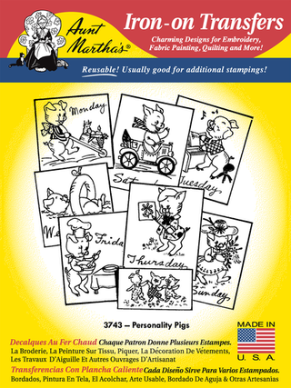 Aunt Martha’s 3743 Personality Pigs vintage embroidery transfer pattern with days of the week pig designs on an 18x24 iron-on sheet