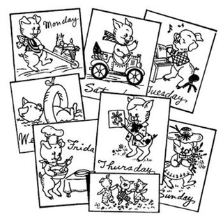 Aunt Martha’s 3743 Personality Pigs vintage embroidery transfer pattern with days of the week pig designs on an 18x24 iron-on sheet