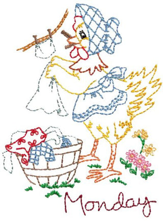 Aunt Martha’s 3753 Barnyard Happenings vintage embroidery transfer pattern with days of the week farm animal designs on an 18x24 iron-on sheet